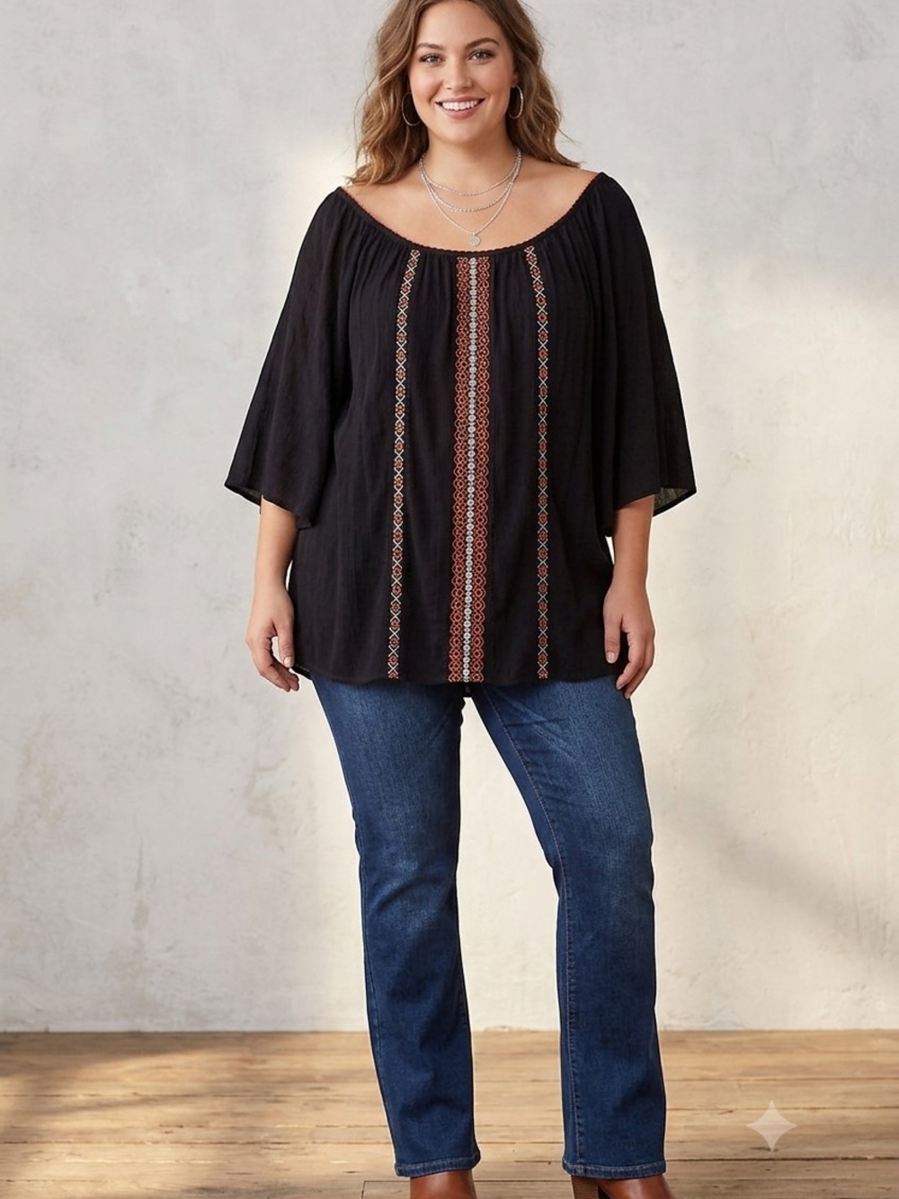 BONGO Black Off-Shoulder Tunic with Embroidered Stripe